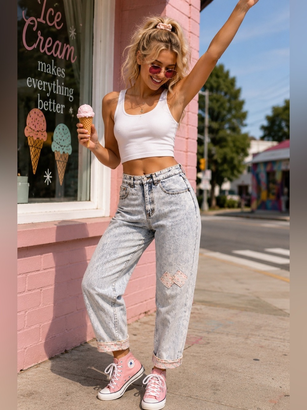 Vintage Nuovo Industrie Acid Wash Mom Jeans Pink Trim Cuffed Denim 25396 - Picture 2 of 15